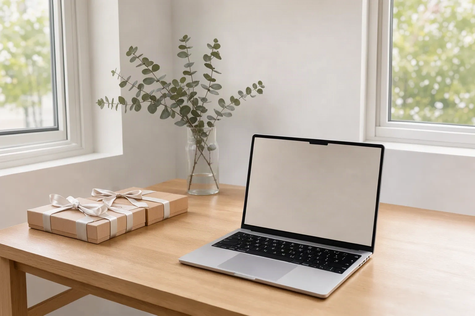Studio de design lumineux avec bureau en chêne clair et packaging de bijoux