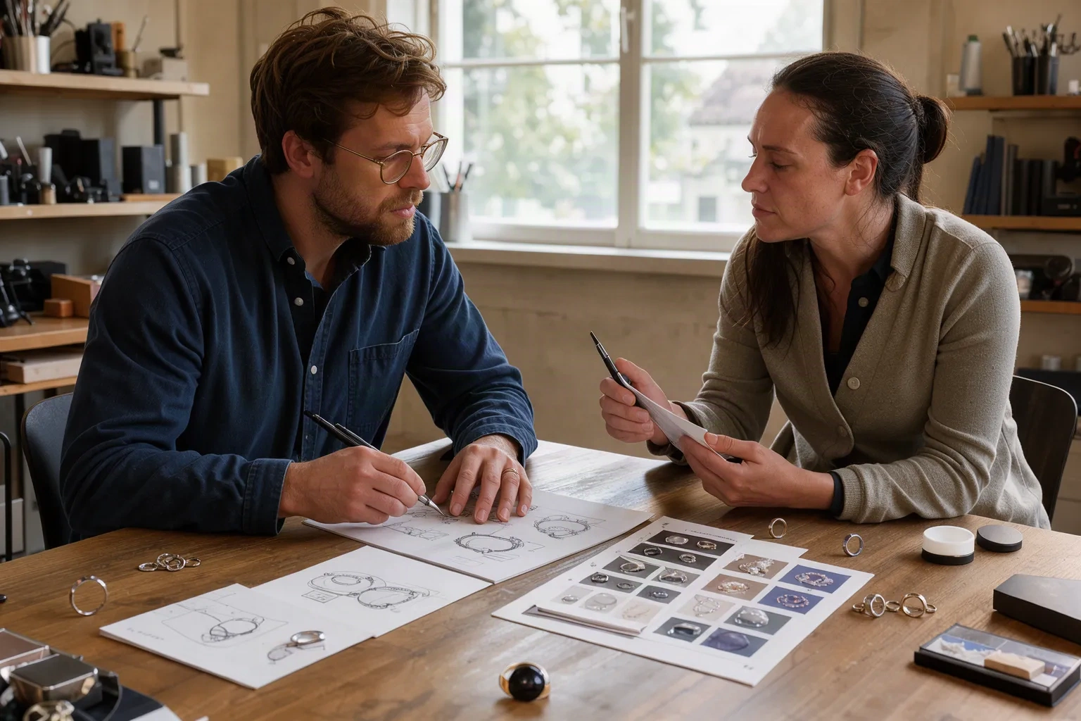 Bijoutier et consultant travaillant ensemble sur des croquis en atelier