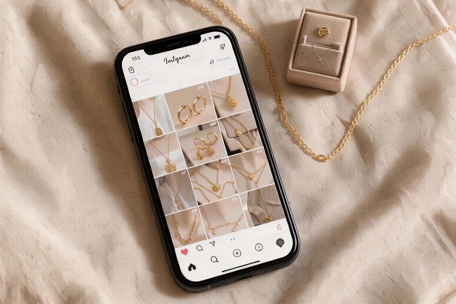 Smartphone présentant une grille de publications de bijoux sur les réseaux sociaux